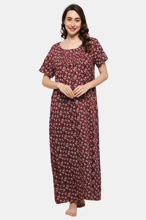 Naiduhall Round Neck Short Sleeve Nighty with Side Pocket - Maroon NT07