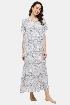 Naiduhall Round Neck Short Sleeve Printed Nighty with Floral Print - White NT26