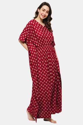 Naiduhall Round Neck Printed Kaftan Nighty - Dark Pink NT27