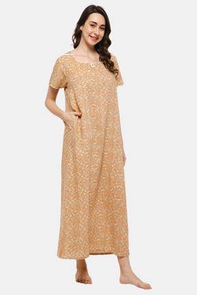 Naidu Hall Square Neck Short Sleeve Printed Nighty with Side Pocket - Orange NT31