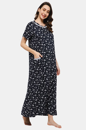 Naidu Hall V-neck Short Sleeve Nighty with Front Patch Pocket - Navy Blue NT19