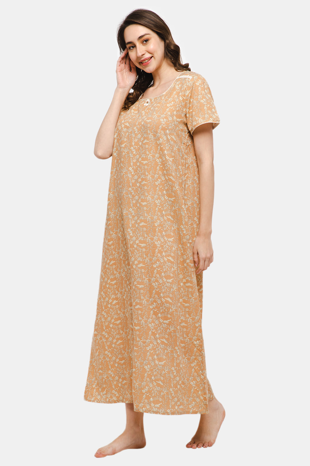 Naidu Hall Square Neck Short Sleeve Printed Nighty with Side Pocket - Orange NT31