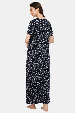 Naidu Hall V-neck Short Sleeve Nighty with Front Patch Pocket - Navy Blue NT19