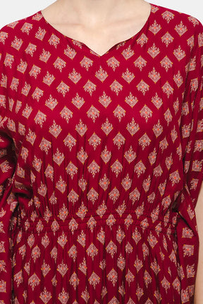 Naiduhall Round Neck Printed Kaftan Nighty - Dark Pink NT27