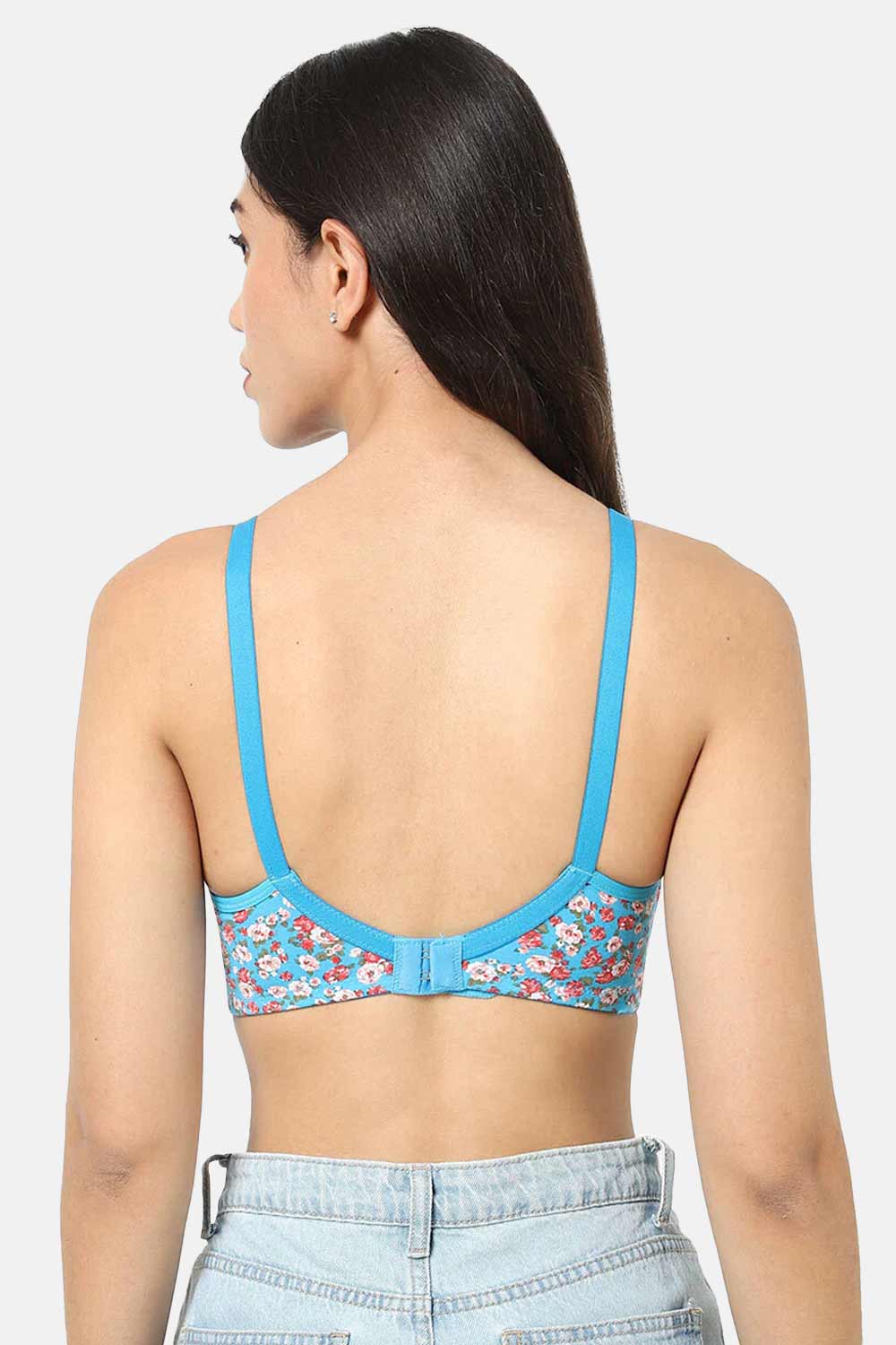 Intimacy High Coverage Cotton Blend  Non-Wired  T-Shirt Saree Bra- Light blue print
